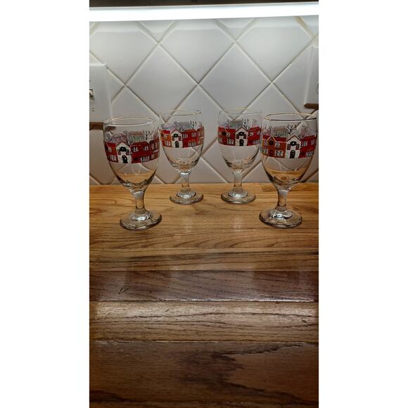 Set of 4‎ Vintage Christmas Winter Village by Libby Water Goblet Glasses - Picture 1 of 5